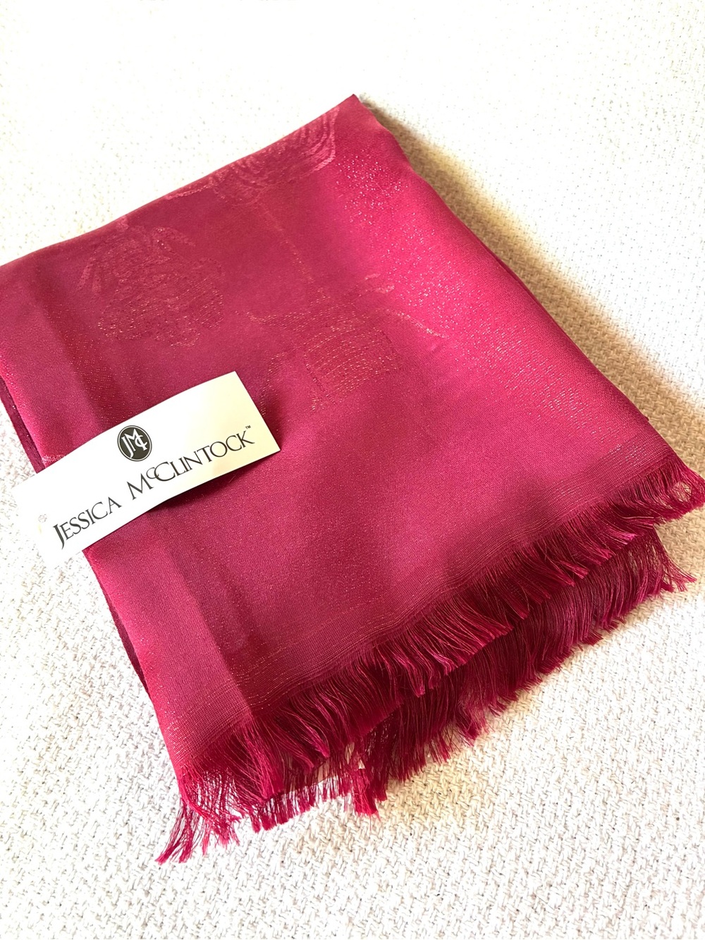 Jessica McClintock Burgundy Rose Jacquard Fringe Shawl Wrap 72” x 28”